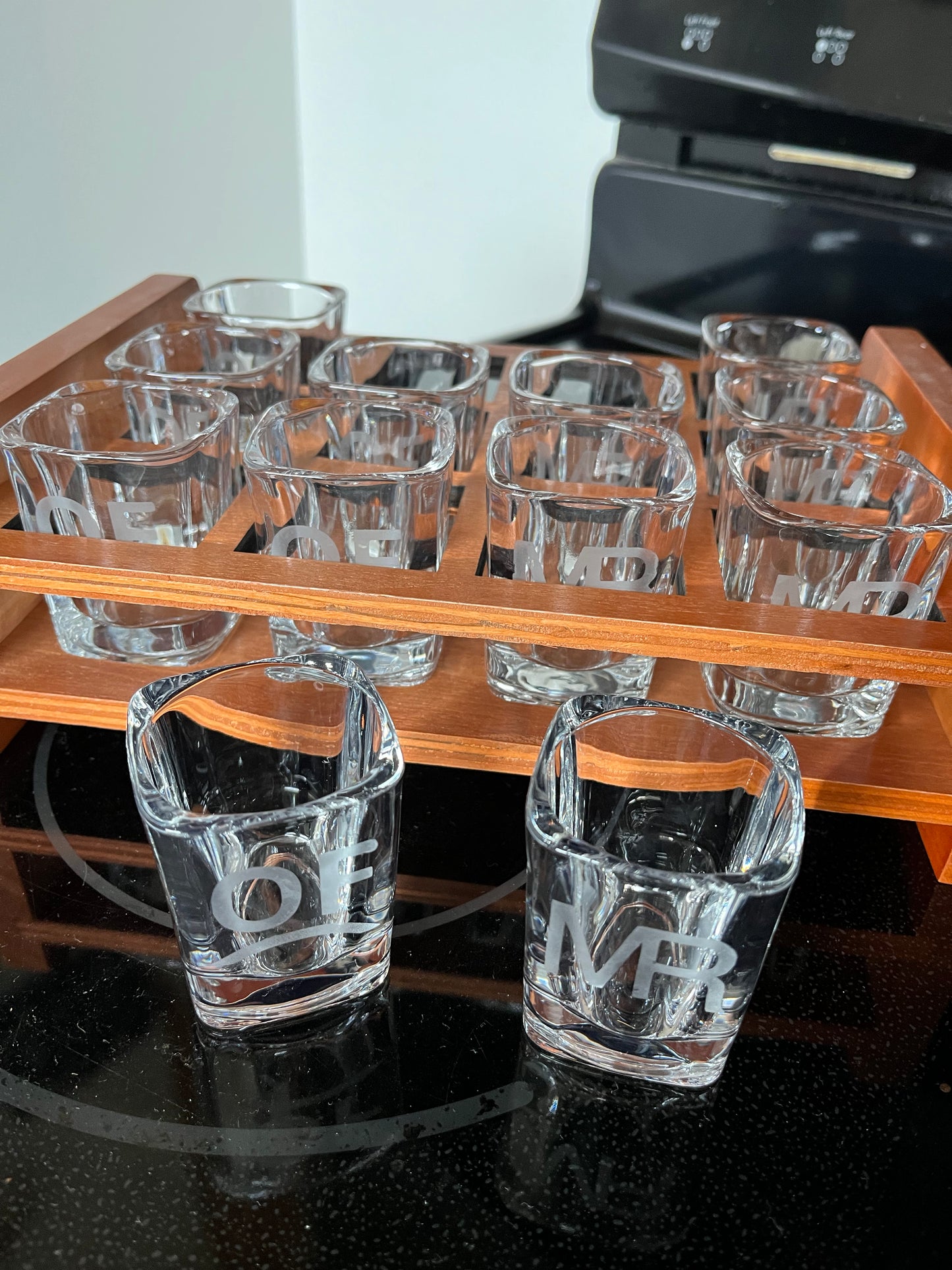 12 etched shot glasses and holder tray