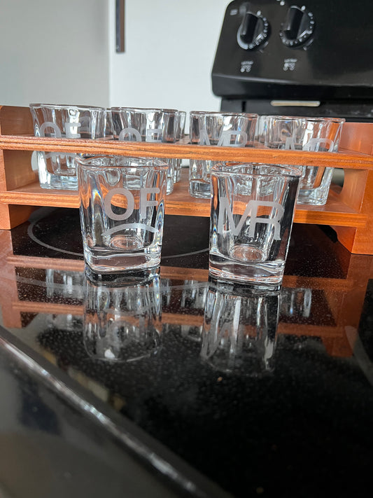 12 etched shot glasses and holder tray